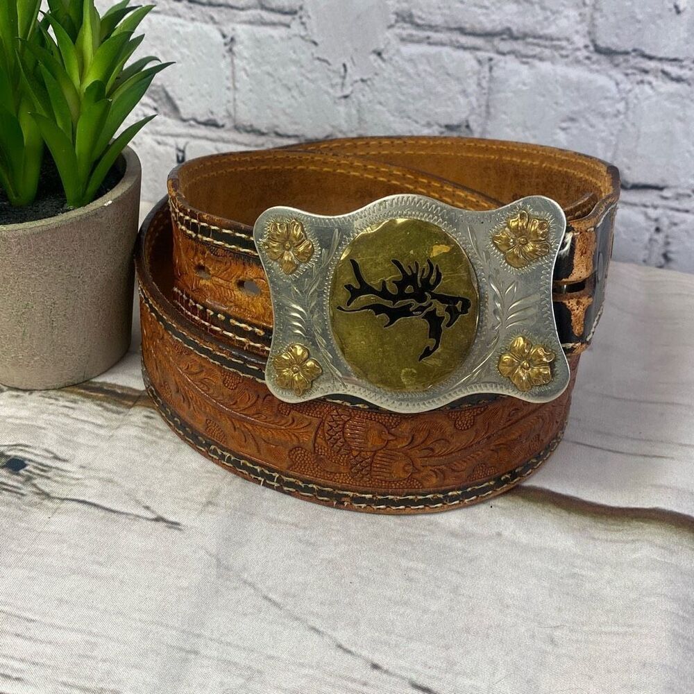 Tony Lama Leather Embossed Western Belt with Stag Silver Buckle Size 36